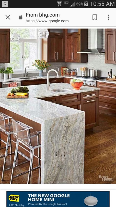 Irregular-shaped island, waterfall edge. Light Backsplash, Waterfall Counter, Granite Kitchen Island, Waterfall Countertop, Best Kitchen Design, Fantasy Brown, Classic Kitchen Design, Kitchen Island Ideas, Brown Granite