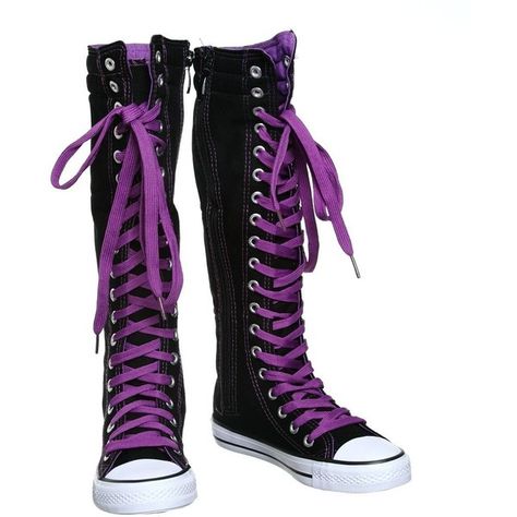 NEW Canvas Sneakers Flat Tall Punk Skate Shoes Lace up Knee High Boots... ($9.99) ❤ liked on Polyvore featuring shoes and converse Weirdcore Clothes, Fem Queen, Knee High Sneakers, Lace Up Knee High Boots, Gothic Stuff, Converse Boots, Flat Lace Up Shoes, Black Lace Shoes, Purple Flats