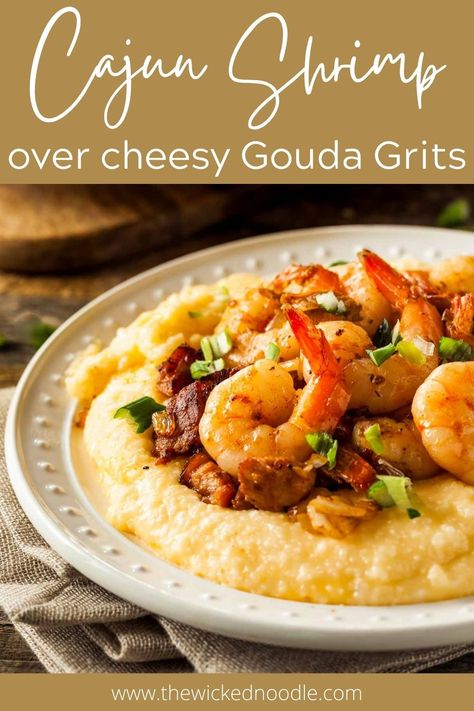 Cajun Shrimp and Grits are so easy yet taste as good or better than any fancy restaurant. Creamy and cheesy grits are perfect with the flavorful shrimp mixture! Perfect for a special occasion like Valentine's Day or a fun brunch yet simple enough for a weeknight. Easy Cheese Grits, Cheese Grits Recipe, Old Bay Shrimp, Cajun Shrimp And Grits, Shrimp N Grits Recipe, Cheesy Grits, Grits Recipe, Cheese Grits, Shrimp Grits