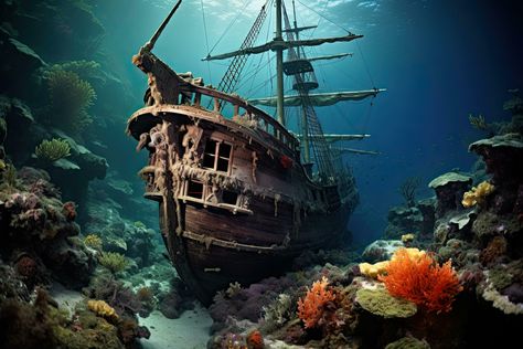 Download AI generated Sunken pirate ship on the coral reef in the Red Sea, AI Generated for free Sunken Pirate Ship, Pirate Sleeve, Deep Sea Diver Art, Diver Art, Sunken Ship, Hms Hood, Deep Sea Diver, Underwater Painting, The Red Sea