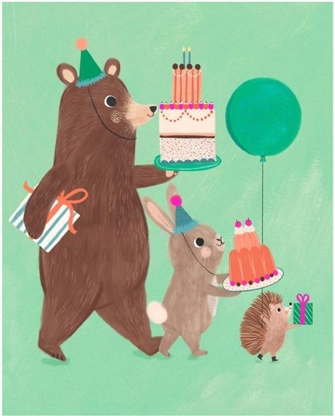 Balloon Present, Happy Birthday Rebecca, Happy Birthday Animals, Birthday Cake Illustration, Happy Birthday Drawings, Happy Birthday Illustration, Lilla Rogers, Watercolor Birthday Cards, Kids Playroom Decor