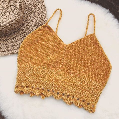 Sunflower Knots by Jenn on Instagram: “Missing warm weather, so I made a crop top in the softest mustard yellow velvet yarn. Size medium b/c cup~ dm to claim 💛✨” Crochet Velvet Top Pattern Free, Velvet Yarn Crochet Top, Velvet Top Pattern, Yellow Crochet Projects, Knit Crop Top Pattern, Mustard Yellow Crochet, Crocheted Tops, Diy Crochet Top, Crochet Tube