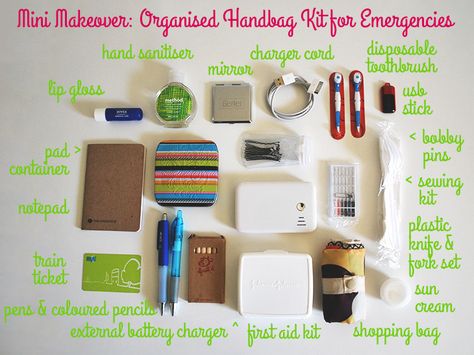 Mini Makeover: Organised Handbag Kit for Emergencies via Style for a Happy Home What's in your handbag? Purse Kit Ideas, Handbag Emergency Kit, Mini First Aid Kit For Purse, Mini Handbag Essentials, Purse Emergency Kit, Organised Handbag, Emergency Kit For Kids, Small Purse Essentials, Car Organisation