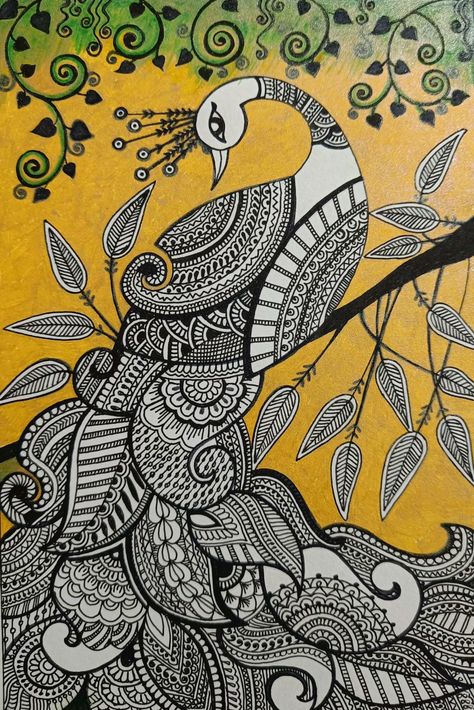 Madhubani Paintings Peacock Design, Madhubani Art Peacock, Madhubani Art Design, Traditional Madhubani Art, Peacock Mandala Art, Madhubani Paintings Peacock, Gond Painting, Whimsical Art Paintings, Doodle Art Flowers