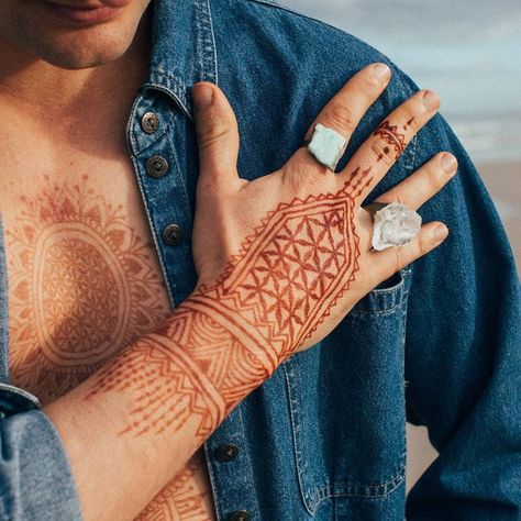 #Mehndi on Men Male Mehendi, Male Mehendi Design, Henna On Men, Henna Tattoo Designs Chest, Henna Male, Henna Man, Male Hand Tattoos, Henna For Boys, Tattoo Designs Chest