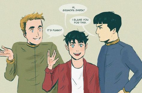 You only have two choices now: 1) call the spirk baby Shrek 2) have the spirk baby mispronouce Sarek’s name as Shrek for most of his childhood and then keep on doing it because he’s a little shit. Spirk Fanart Mpreg, Spirk Fanart, Space Husbands, Star Trek Data, Stark Trek, Fandom Star Trek, Star Trek Reboot, Film Star Trek, Star Trek 2009