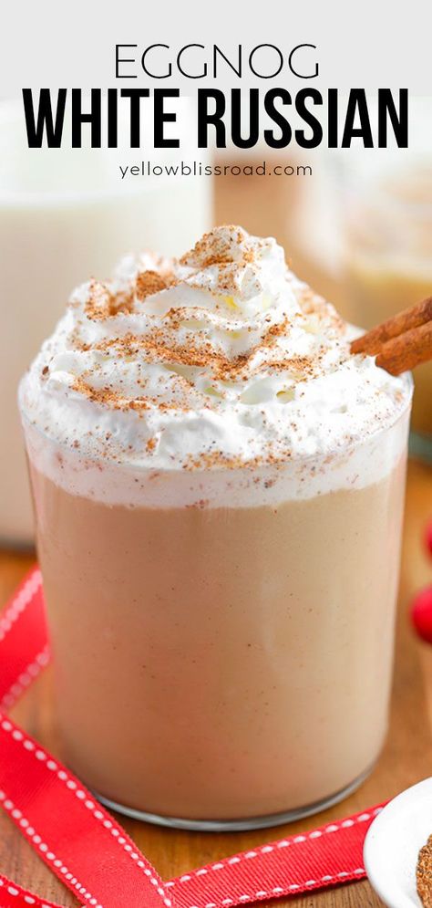 This smooth and creamy Eggnog White Russian Cocktail is a festive and fun twist on the classic vodka and Kahlua cocktail. Perfect for Christmas parties! Eggnog White Russian, Blended Recipes, Kahlua Drinks, Eggnog Recipes, Eggnog Drinks, Spiced Eggnog, Christmas Drinks Alcohol Recipes, Creamy Eggnog, White Russian Cocktail