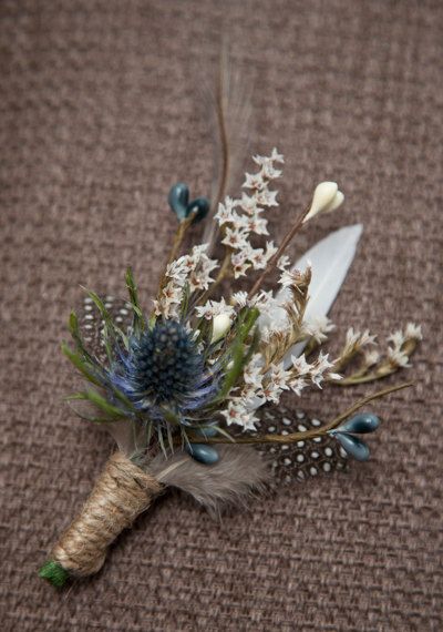 DF pick Mens Thistle and Feather by TinyBitMarvellous on Etsy, £6.75 Thistle Buttonhole, Wedding Flowers Blue, Thistle Boutonniere, Natural Wedding Flowers, Feather Boutonniere, Thistle Wedding, Blue Thistle, Button Holes Wedding, Weddings By Color