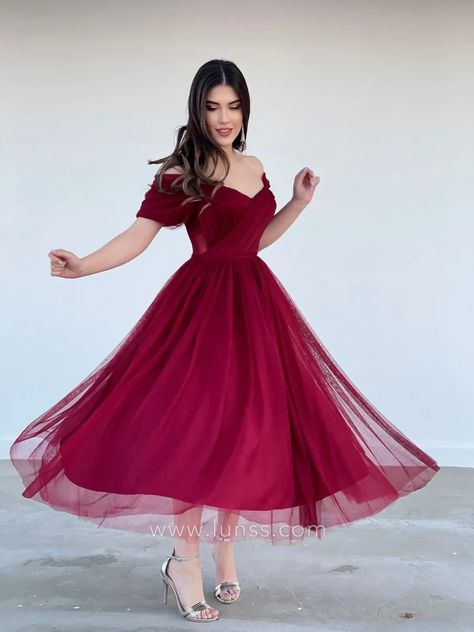 off the shoulder tea length claret tulle cocktail dress Midi Tulle Dress, Tulle Cocktail Dress, Dress Graduation, Engagement Dress, Claret Red, Dress Pleated, Bodice Dress, Photoshoot Dress, Engagement Dresses