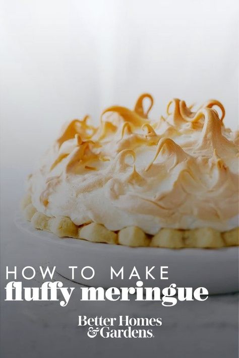 Trying to make your first lemon meringue or coconut cream pie? Learn how to make your meringue pie topping melt in your mouth using our simple steps. #howtomakemeringue #meringuerecipe #bestmeringuerecipe #bhg Making Meringue How To, Marshmallow Cream Meringue Recipe, Coconut Cream Pie Meringue, Easy Meringue Recipe Without Cream Of Tartar, No Fail Meringue For Pies, Lemon Pie Meringue, Merangue Recipe Without Cream Of Tarter, Best Lemon Meringue Pie Recipe, Meringue Topping For Pies