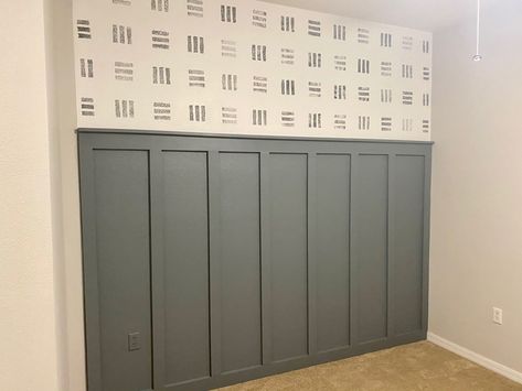 Boys Room Board And Batten Wall, Board Batten With Wallpaper, Half Board And Batten Wall Entryway, Dark Grey Board And Batten Wall, Accent Wall Decor Ideas, Home Wall Decor Ideas, Easy Home Renovations, Modern Home Wall Decor, Family Room Paint Colors