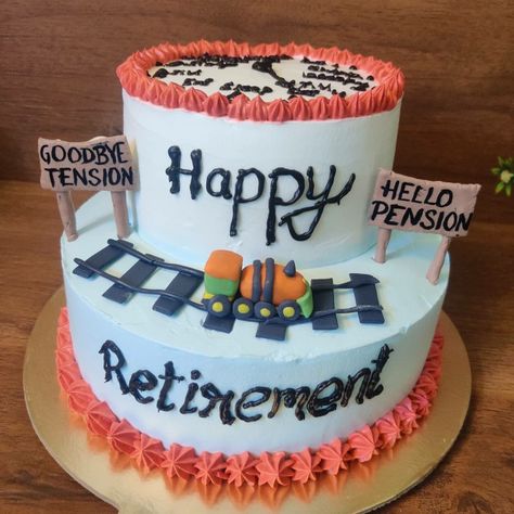 Railway employee retirement! Black forest custom cake! Cream cake design!! Goodbye tension! Hello Pension! Retirement Theme Cake, Cream Cake Design, Goodbye Tension Hello Pension, Engagement Looks, Retirement Cake, Cake Cream, Theme Cake, Custom Cake, Cream Cake