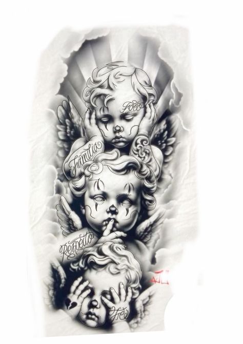 Cherub Tattoo Designs, Egyptian Eye Tattoos, Leg Sleeve Tattoos, Leg Tattoo Ideas, Half Sleeve Tattoos Forearm, Vegas Tattoo, Cherub Tattoo, Half Sleeve Tattoos Drawings, Black Art Tattoo