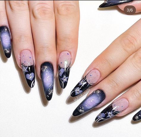 Goth Fairy Nails, Dark Fairy Nails Acrylic, Gothic Nails Purple, Dark Purple Nail Designs, Purple Goth Nails Short, Goth Airbrush Nails, Purple Nail Art Designs, Dark Purple Nails, Purple Nail Art