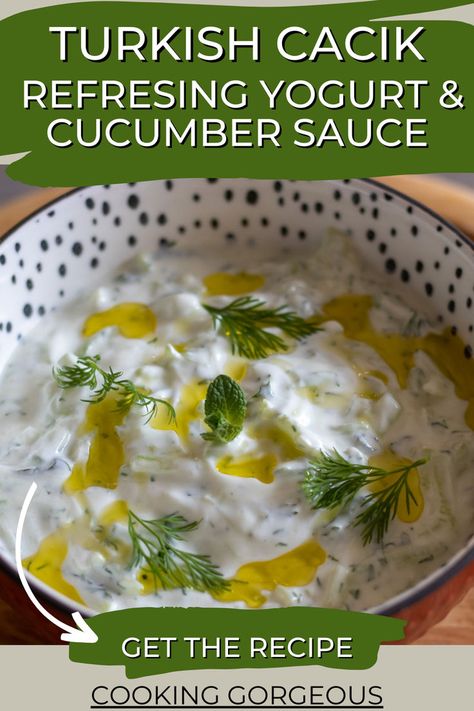 A bowl of delicious and refreshing Turkish Yogurt Dip made with cucumbers, yogurt, and herbs. Yogurt And Cucumber, Mediterranean Sauce, Turkish Dishes, Turkish Yogurt, Easy Veggie Side Dish, Vegetarian Party Food, Fun Dinner, Yogurt Dip, Meatless Dinner