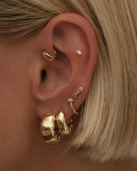 Adornmonde on Instagram: "Yes, of course, you need a pair of Helium Balloon Hoops in your life. You just don’t know it yet! 🎈✨" Stacked Gold Earrings, Gold Piercings Ear, Earring Inspo Ears, Multiple Ear Piercings Aesthetic, Stacked Ear Piercings, Ear Piercings Cute, Gold Ear Piercings, Piercing Inspo Ear, Piercing Stack