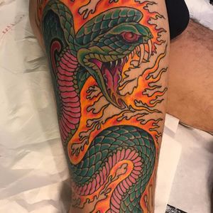 Fire Snake Tattoo, Japanese Snake, Traditional Snake, Fire Snake, Chris Garver, Snake Reptile, Explore Tattoo, Fire Tattoo, Glo Up