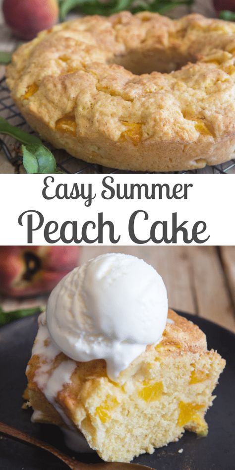 A delicious summer cake made with fresh peaches. This easy moist cake makes the perfect snack or dessert recipe. Serve it with a scoop of ice cream! #peachcake #cake #peachdessert #summerdessert #snackcake Peach Cake Recipe Easy, Easy Peach Cake, Peach Cakes, Peach Cake Recipe, Peach Puff Pastry, Peach Cake Recipes, Butterscotch Recipes, Peach Cookies, Peach Dessert Recipes