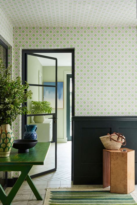 Wallpaper: Ditsy Block – Phthalo (c.1900) Dado panel & doors: Obsidian Green 216 Entryway Wallpaper, Staff Room, Wallpaper Interior, Green Inspiration, Attic Rooms, Trellis Pattern, Wallpaper Direct, Wallpaper Calculator, National Trust