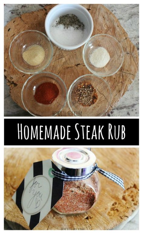 Homemade steak rub is the perfect combination of savory and delicious flavors to add tasty kick to each bite. This is a great steak rub for grilling steak, meatballs and even meatloaf! Homemade steak rub is a great way to add flavor when you are looking for something a little different.....and did I mention it is an awesome gift for all your grilling friends! #steakrub #steak #fathersday #homemadegifts #beststeakrub Best Steak Seasoning, Dry Rub For Steak, Steak Rub Recipe, Season Steak Recipes, Onion Burgers, Grilling Steak, Hey Grill Hey, Steak Rub, Smoked Meatloaf