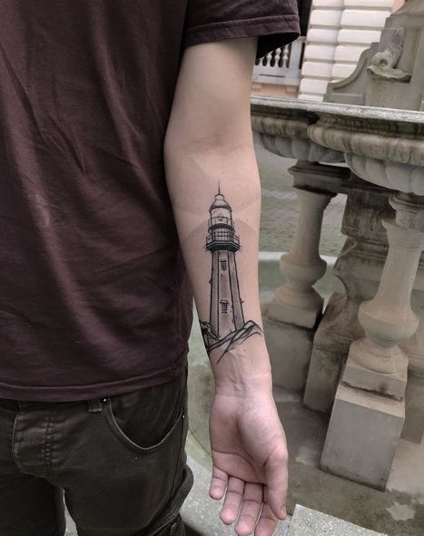 Tattoo Ideas Lighthouse, Lighthouse And Flowers Tattoo, Lighthouse Tattoo Men, Lighthouse Tattoo For Women, Lighthouse Tattoo Back Of Arm, Lighthouse Tattoo Ideas, Black And Grey Lighthouse Tattoo, Lighthouse Tattoo Design, Light House Tattoo