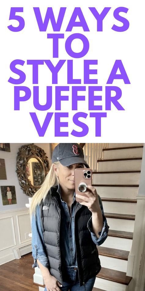 Puffy Vests For Women, Navy Puffer Vest Outfits For Women, How To Wear Puffy Vest, Styling Puffy Vest, Royal Blue Vest Outfits For Women, Flannel With Vest Outfit, Jeans With Puffer Vest, Columbia Vest Outfit Womens, How To Wear Puffer Vest Outfits