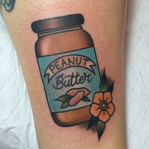 Peanut Butter Tattoo, Peanut Tattoo, Butter Tattoo, Apple Tattoo, Leaf Tattoo, Food Tattoos, Peanut Butter Jar, Sweet Tattoos, Best Peanut Butter