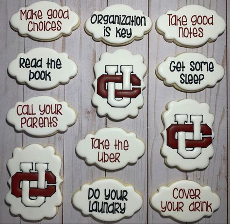 Goodbye Cookies Decorated, Ole Miss Cookies Decorated, Motivational Cookies Decorated, Usc Cookies Decorated, College Signing Day Cookies, Sorority Cookies, Finals Week College, College Cookies, Care Package Decorating