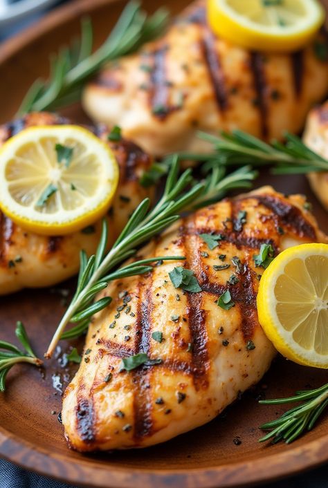 Grilled chicken breasts marinated with lemon and herbs, served with fresh rosemary and vegetables Grilled Chicken Plating, Grilled Lemon Herb Chicken, Grilled Lemon, Lemon Herb Chicken, Chicken Plating, Herb Chicken, Lemon Herb, Summer Bbq, Quick Recipes