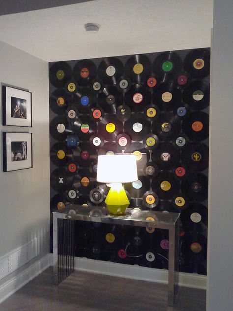 Vinyl Record Accent Wall | Trying out different lamps. :) | Flickr Record Collage On Wall, Vinyl Record Furniture Diy, Craft With Vinyl Records, Vinyl Record Mirror, Vinyl Record Accent Wall, Record Accent Wall, Decorating With Old Records, Music Accent Wall, Record Ideas Wall Art