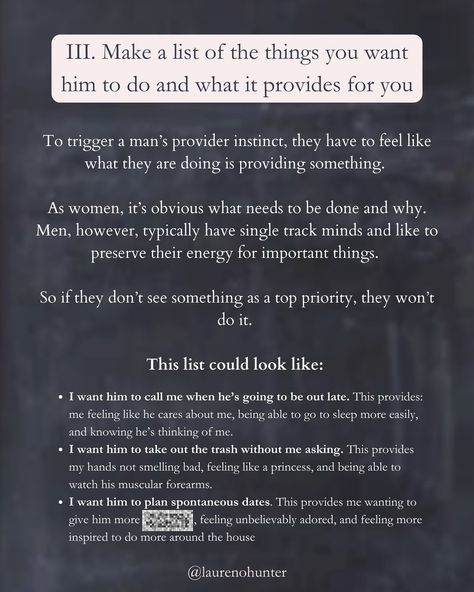 How to inspire his provider instinct 👇🏼 Harmonious relationships include both people feeling like their most innate needs are being met. If you feel like you and your partner are in a vicious cycle of feeling dissatisfied or like you’re getting the bare minimum and nothing more, someone needs to take accountability and start showing up differently. If you’re reading this, it means you’re the one who gets to initiate the change. (& that’s okay) Follow the steps listed in the slides above.... His Following List, Bare Minimum Relationship List, Bare Minimum Relationship, Relationship List, Take Accountability, High Value Woman, Bare Minimum, Successful Relationships, Lists To Make