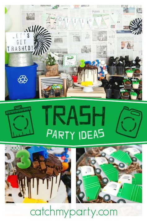 Recycling Party Theme, Garbage Truck Birthday Party Decorations, Trash Truck Themed Birthday, Trash Themed Birthday, Trash Truck Birthday Party Ideas, Trash Birthday Party, Trash Bash Birthday Party, Trash Truck Birthday Party, Trash Truck Party