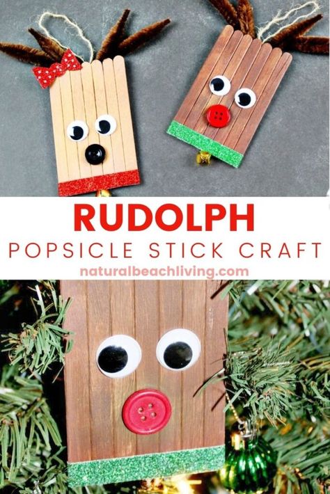 Thanksgiving Popsicle Stick Crafts, Easy Ornaments To Make, Craft With Popsicle Sticks, Reindeer Crafts, Stick Projects, Popsicle Stick Craft, Easy Christmas Crafts For Kids, Popsicle Stick Christmas Crafts, Popsicle Stick Crafts For Kids