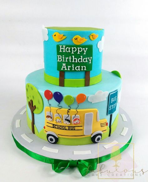 School bus theme 💜 Yellow Bus Cake Ideas, Bus Themed Birthday Cake, School Bus Cake Birthday, School Bus Theme Cake, Wheels On The Bus Birthday Cake, Wheels On The Bus Birthday Party Cake, Bus Cakes For Boys, Cocomelon Bus Cake, Bus Cake Ideas