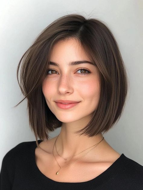 Medium Bob Haircuts: Stylish and Versatile Looks to Try Triangular Bob Haircut, Short Haircut Bob Medium, Brunette Medium Bob, Dark Bob Haircut, Bob Haircut For Long Face Shape, Long Bob Hairstyles Side Part, Air Dry Bob Haircut, Long Bob Haircuts Side Part, Asymmetrical Bob Medium