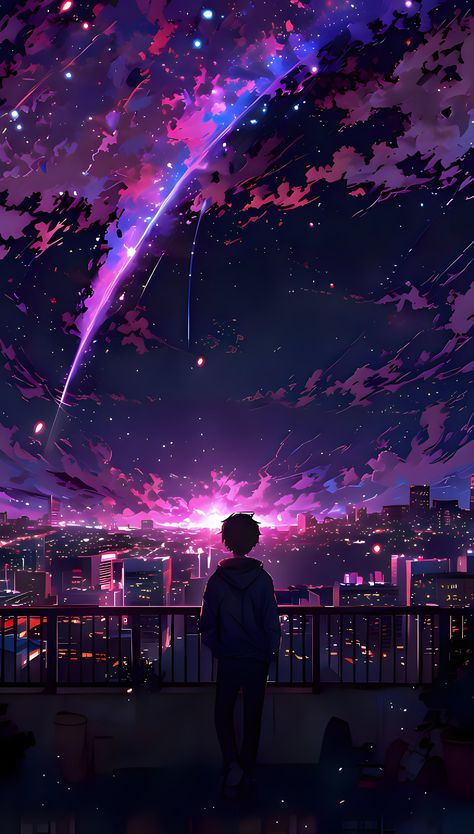 Anime City, Aesthetic Wallpaper Iphone, Dreamy Artwork, Widescreen Wallpaper, Cool Wallpapers Cartoon, Dark Art Illustrations, Sky Art, Cool Anime Pictures, Night Sky Photos