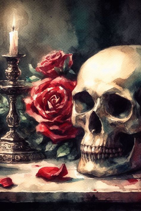 Some late spooky seasons experiments digital painting. Skull, roses, and candlesticks - a little dark academia, more dark cottagecore, I think. Phone Wallpaper Spooky, Painting Skull, Arte Aesthetic, Skeleton Drawings, Painting The Roses Red, Art Alevel, Dark Paintings, Skull Painting, Dark Cottagecore