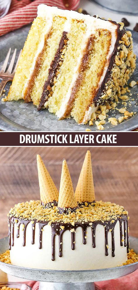 Drumstick Cake, Drumstick Ice Cream, Tasty Cake, Moist Vanilla Cake, Chocolate Ganache Filling, Chocolate Drip Cake, Caramel Buttercream, Food Cookies, Cake Vanilla