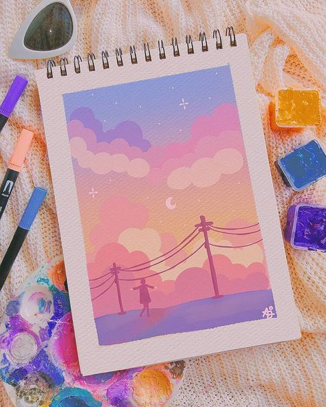 Check out these beautiful gouache paintings and tutorials. If you love watercolor paintings, I know you'll also love these gouache paintings. This is a beautiful night sky painting using acrylic paint. Matching Paintings Ideas, Diy Nature Painting, Posca Marker, Night Sky Painting, Kartu Valentine, Posca Art, Gouache Art, Canvas Painting Designs, Seni Cat Air