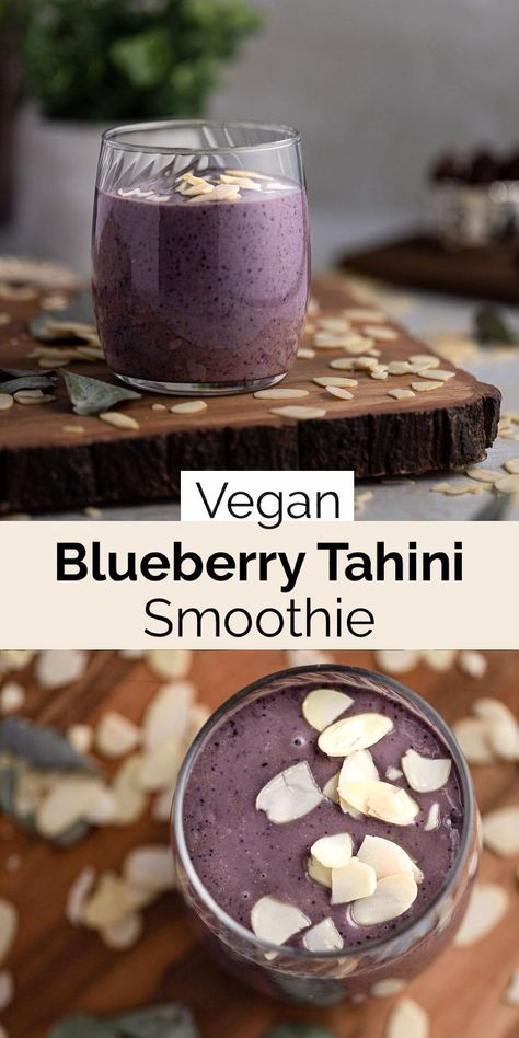 This creamy, nutritious blueberry tahini smoothie is packed with healthy ingredients: blueberries, almonds, dates, tahini and a banana. It takes 5 minutes to make, And is completely vegan. Tahini Smoothie, Easy Protein Smoothie Recipes, Gluten Free Smoothie, Tahini Recipe, Blueberry Banana Smoothie, Homemade Kombucha, Easy Protein, Quick Vegan Meals, Gut Health Recipes