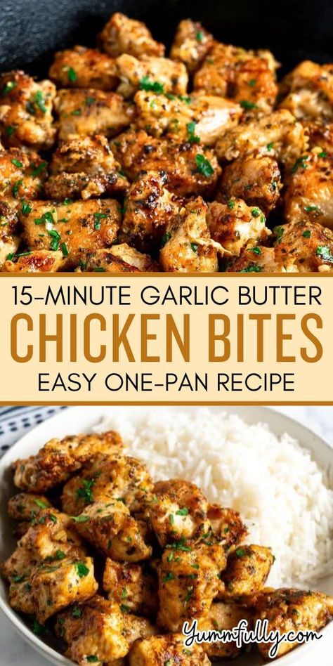 These bite-size succulent chicken breast morsels are seasoned, seared to perfection, and bathed in the most fragrant garlic butter. This effortless one-pan meal is perfect for those busy nights and good enough for entertaining. You can serve them as an entree or appetizer. Pan Chicken Breast, Chicken Breast Dishes, Quick Chicken Breast Recipes, Garlic Butter Chicken Bites, Butter Chicken Bites, Chicken Bites Recipes, Seared Chicken Breast, Sheet Pan Dinners Chicken, Easy Chicken Breast