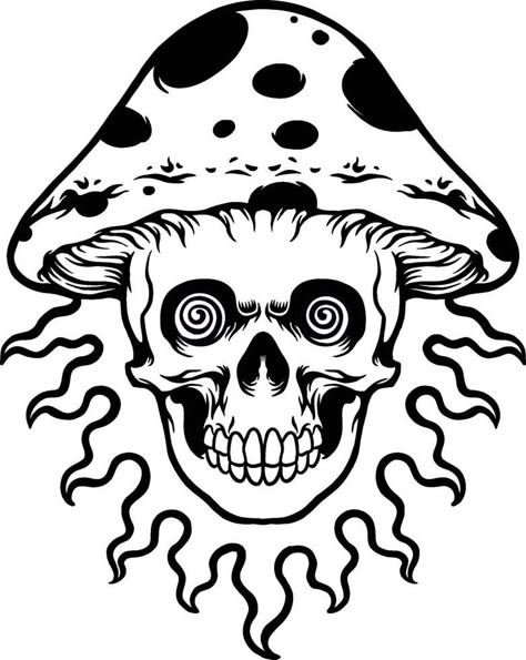 Trippy Cricut Designs, Easy Trippy Tattoos, Trippy Flash Art, Trippy Skull Drawing, Cool Trippy Drawings, Mushroom Skull Drawing, Tattoo Outline Designs, Trippy Mushroom Tattoo, Mushrooms Drawings