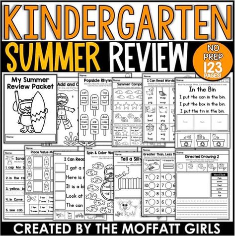 Printables | TPT Summer Bucket List Craft, Kindergarten Summer Review, Summer Review Packet, Kindergarten Math Curriculum, Summer Packet, Summer Kindergarten, Digraph Words, Summer Review, Sight Word Fluency