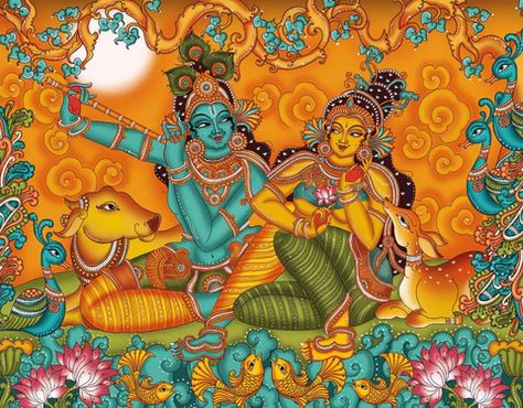 Radha Krishna - Kerala Mural Painting - Indian Folk Art by Pichwai Art | Buy Posters, Frames, Canvas & Digital Art Prints | Small, Compact, Medium and Large Variants Radha Krishna Wedding, Kerala Mural Art, Hummingbird Art Drawing, Botticelli Paintings, Joan Miro Paintings, Pichwai Art, Mural Art Design, Renoir Paintings, Contemporary Folk Art