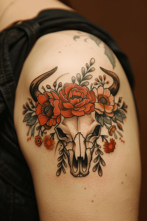 Cow Skull Tattoo with Flowers: Top Ideas and Designs Cow Skull Tattoo Traditional, Bull Skull Tattoo Chest, Feminine Bull Tattoo, Cattle Skull Tattoo, Nm Tattoo, Cow Skull Tattoo Flowers, Western Floral Tattoo, Skull Flower Tattoo, Cow Skull Tattoo