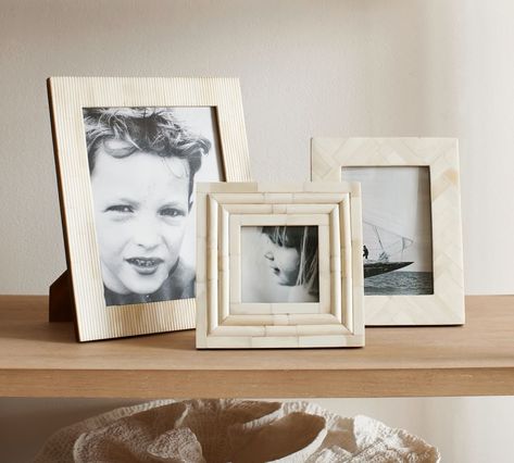 Nadia Bone Frames | Pottery Barn Pottery Barn Picture Frames, Personalized Gallery Wall, Wall Candle Holders, Small Space Solutions, Wooden Picture Frames, Wooden Picture, East Hampton, Room Planner, Pattern Play