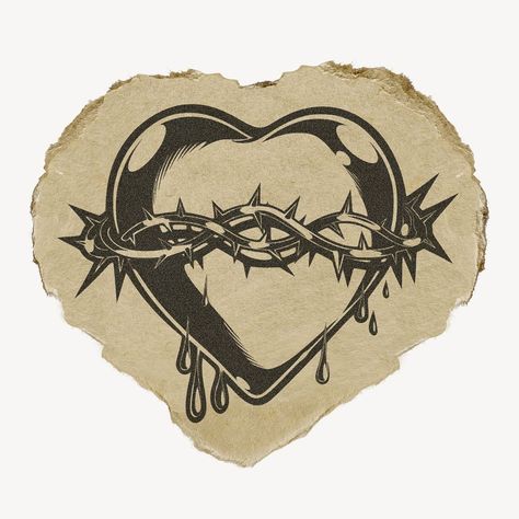 Tarot Heart Tattoo, Heart Wrapped In Barbed Wire Tattoo, Vintage Heartbreak, Sacred Heart Drawing, Ripped Paper Collage, Heart Barbed Wire, Barbed Wire Tattoos, Ripped Paper, Flame Tattoos