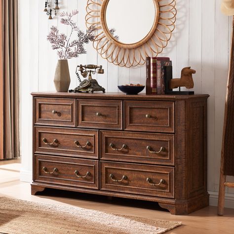 PRICES MAY VARY. FARMHOUSE 7-DRAWER DRESSERS - The rustic charm of this dresser adds warmth and coziness to any bedroom, creating a welcoming atmosphere. The natural texture of the wood brings a sense of authenticity and character to your living space, while the vintage design adds a touch of nostalgia and style. With its wide width of 54", this dresser is perfect for adding a touch of farmhouse charm to any bedroom decor. ​UNIQUE VINTAGE DESIGN DRESSERS - Embrace the beauty of vintage aesthetic Antique Bedroom Furniture Makeover, Bedroom Inspirations Dresser, 2 Dressers In Bedroom, Guest Room Storage Ideas, Basement Library, Guest Room Storage, Rustic Chest Of Drawers, Vintage Farmhouse Bedroom, Antique Bedroom Furniture