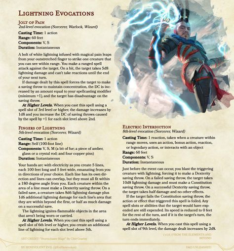 Lightning Elemental Dnd, Evocation Wizard, Elemental Spells, Dnd Objects, Dnd Archetypes, Magic Types, Dnd Pins, Lightning Spell, 5e Spells