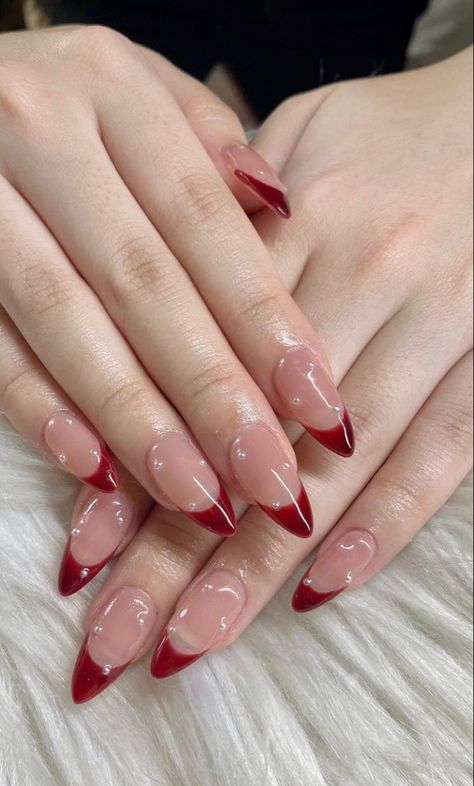 Red French Tip Nails Almond With Pearls, Red Almond Nails With Pearls, Burgundy Nails With Pearls, Red French Nails With Pearls, Red French With Pearls, Red Glitter French Tip Nails Almond, Red French Tips With Pearls, Red French Tip With Pearls, Red French Tip Nails With Pearls